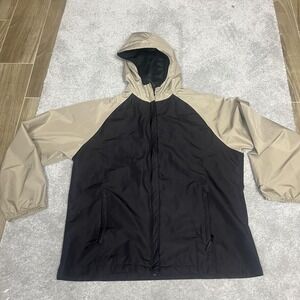 Hooded Windbreaker Jacket Mens Medium Black Tan‎ Two Tone Mesh Lined Zip Pockets